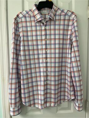 Buki Men's Non-Wrinkle White with Multi-color Plaid Button-Down Shirt